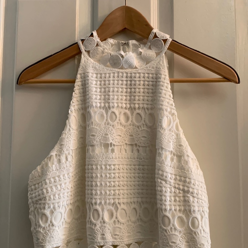 Two sisters River white dress midi custom lace with sheer lining size 10.